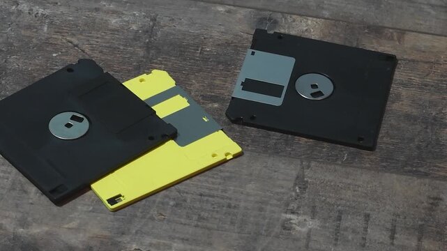 Old computer floppy diskette collection and their unique designs in close-up view