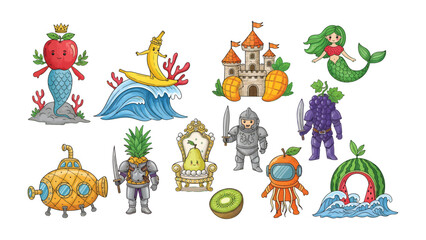 Fototapeta premium Whimsical Fruit Kingdom: Delightful illustrations depict a playful world of anthropomorphic fruits and fantastical elements.