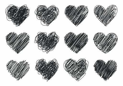 Collection of Scratched Heart Shapes in Black and White - Perfect for Design Projects