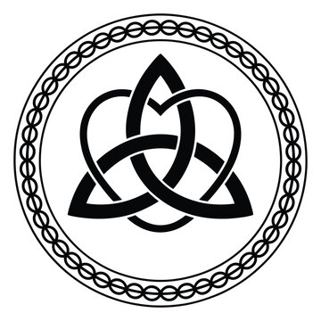 Triquetra with heart symbol, within a circular spiral frame, Celtic knot triangular figure used in ancient Christian ornamentation, surrounded by border made of double spirals