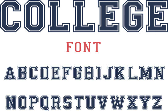 College varsity font alphabet set with bold collegiate letters isolated on white background vintage typography illustration