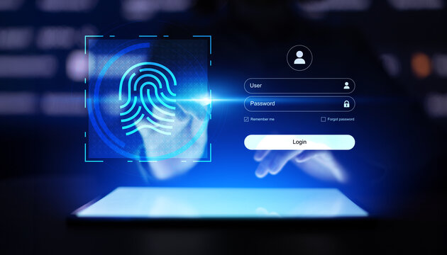Biometric authentication interface with fingerprint login and secure digital access system.