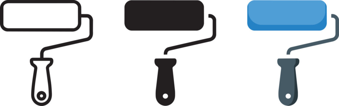 Paint roller icons set outline solid black and blue on transparent background