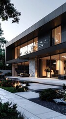 Obraz premium Modern Luxury Residence Exterior at Dusk with Illuminated Landscape