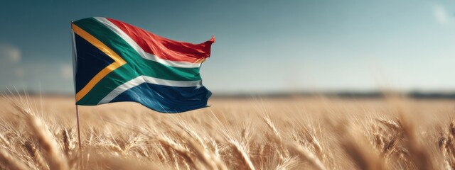 South African flag waving in a field of wheat under a clear blue sky during the day