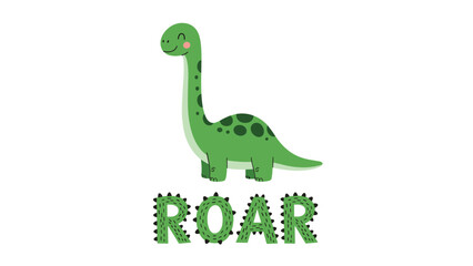 Fototapeta premium Cute green long neck dinosaur brachiosaurus with spots and the word roar written in decorative leaf pattern font.