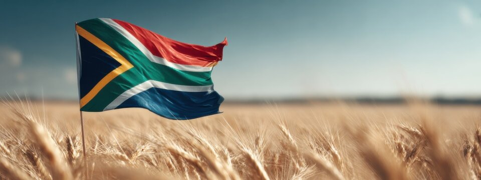 South African flag waving in a field of wheat under a clear blue sky during the day
