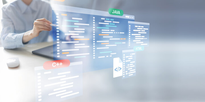 Software Development and Programming Languages Displayed on a Virtual Coding Interface.
