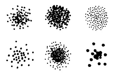 Black dots scattered in abstract circular arrangements, exploring density variations and organic patterns for design.