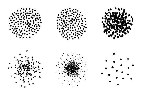 Collection of abstract black dot patterns in circular arrangements, depicting density variations and subtle movement on white.