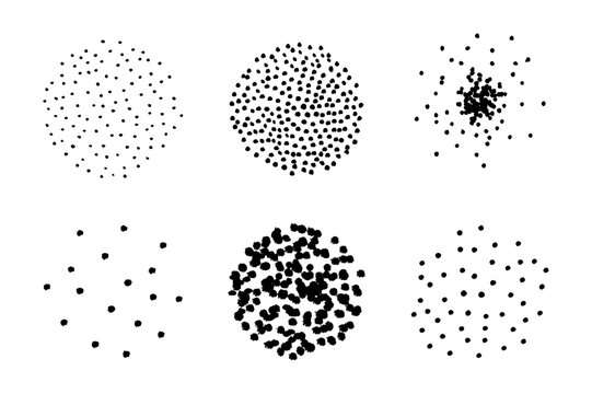 Various densities of black dots form abstract circular shapes, suitable for backgrounds, data visualization, or texture elements.