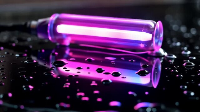 Glowing test tube with pink and blue light on wet surface