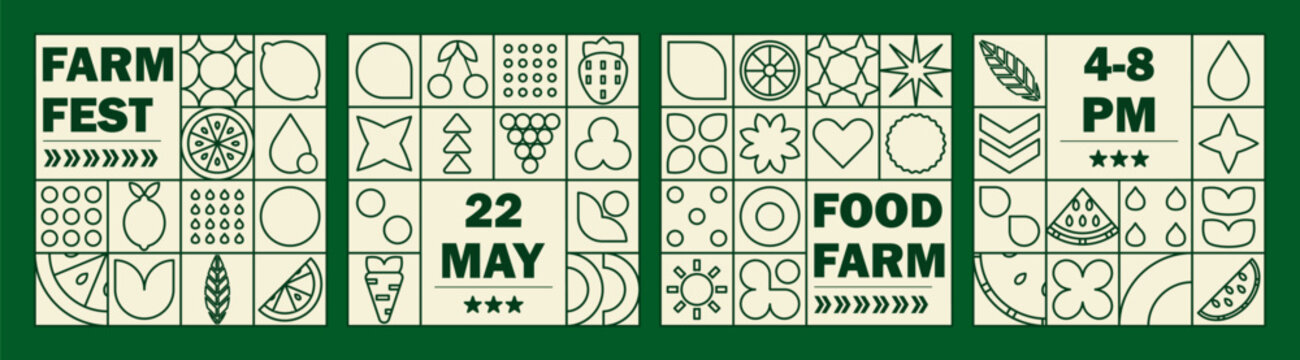 Food line set agro pattern with geometric fruit mosaic featuring flower leaves.