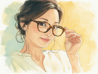 べっ甲メガネをかけた大人女性の水彩風ポートレートイラスト