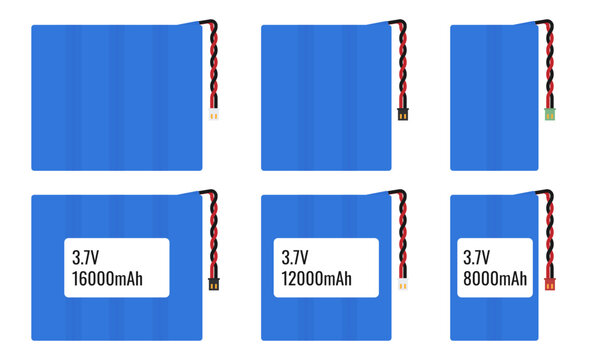 3.7V Lithium Polymer battery packs isolated on white background. Vector power cell icons for technical manuals, drone assembly guides, RC hobbyist infographics, and electronics hardware UI design