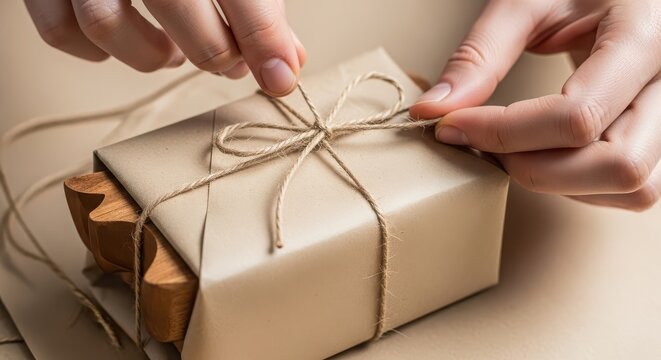 Hands tying brown jute string around kraft paper gift box with natural twine close-up
