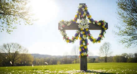 Obraz premium Flower Decorated Christian Cross in Spring Meadow for Easter