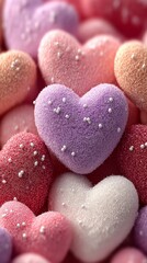 Fototapeta premium Macro view of sparkling heart shaped candy, red and white stripes, luxury dessert illustration for love themed advertising