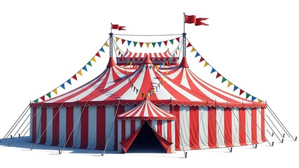 A large red and white striped circus tent with colorful flags and banners on a Transparent Background 3D icon cartoon concept
