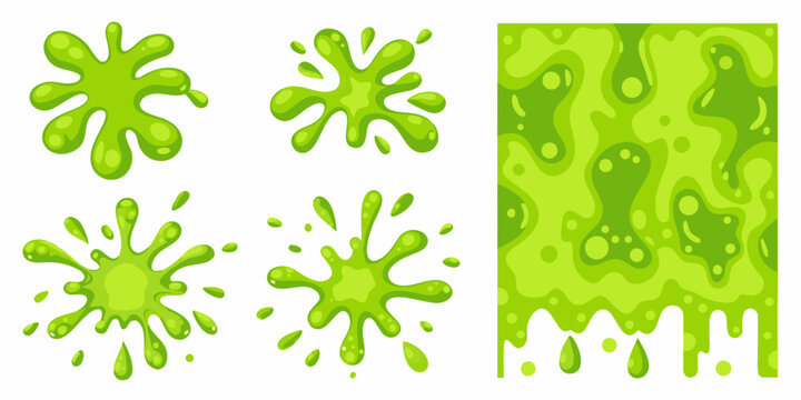 Bright green slime splatters and seamless pattern for game design