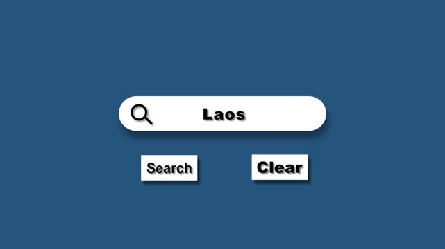 Abstract place search bar concept, Search for laos text and search clear buttons looped animation. Search icon with magnifying glass on dark blue screen.