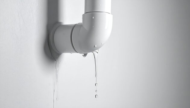 Water leaking from white plastic pipe against clean wall showing plumbing failure and household water leak problem