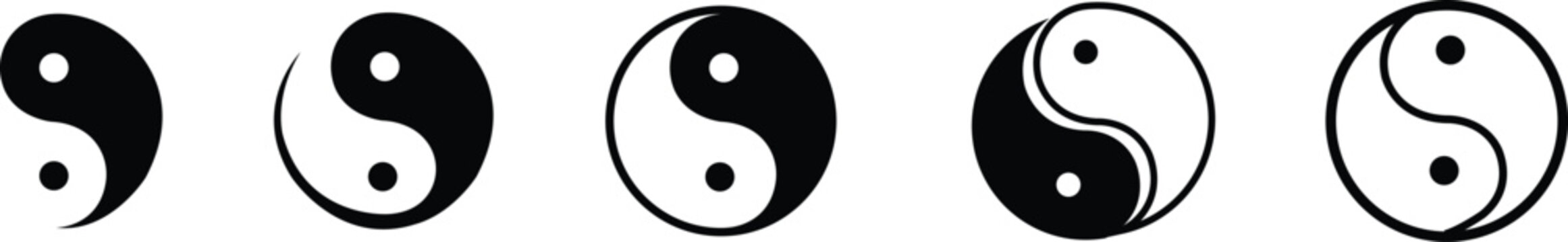 Black flat line yin yang vector set collection group with taijitu balance symbol and outline icons, Chinese philosophy harmony sign isolated on transparent background, editable minimalist design