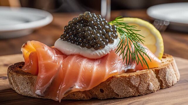 Delicious gourmet appetizer with smoked salmon and black caviar on toast