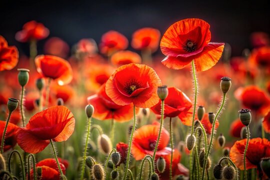Close-up. Bright red poppy flowers in a poppy field.