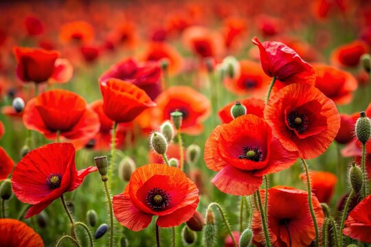 Close-up. Bright red poppy flowers in a poppy field.