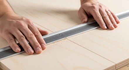 Close-up of hands measuring floor tiles with metal ruler for home renovation and interior design