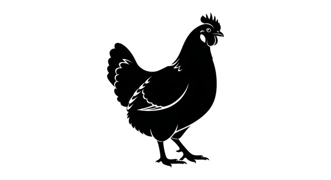 A black silhouette of a chicken standing on a white background