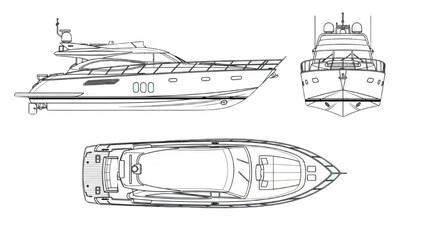 Detailed vehicle autocad blueprint of a yacht from multiple viewpoints showcasing its design and architecture © Stock Image Paradise