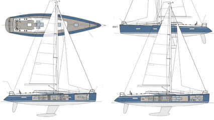 Detailed vehicle autocad blueprint of a blue catamaran sailboat from multiple viewpoints showcasing its technical design and sailing capabilities © Stock Image Paradise
