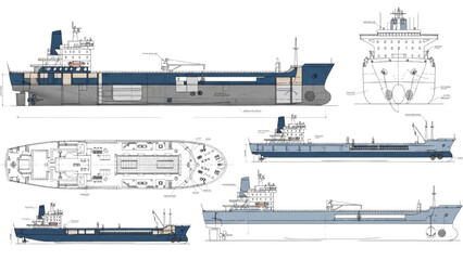 Detailed vehicle autocad blueprint of a ship from multiple viewpoints including side, top, and cross-sectional views © Stock Image Paradise
