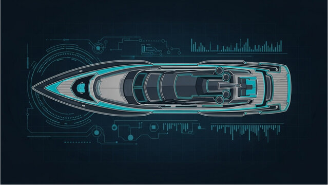 Detailed vehicle autocad blueprint of a luxury yacht top view with precise technical drawings and measurements