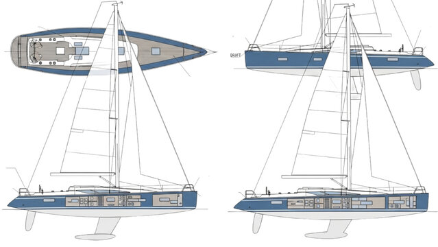 Detailed vehicle autocad blueprint of a blue catamaran sailboat from multiple viewpoints showcasing its technical design and sailing capabilities