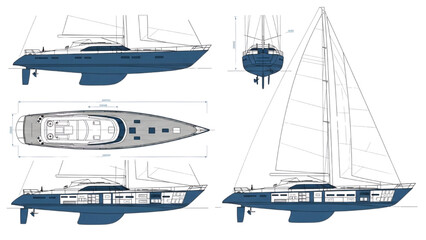 Detailed vehicle autocad blueprint of a luxury yacht showcasing various viewpoints and technical drawings © Stock Image Paradise