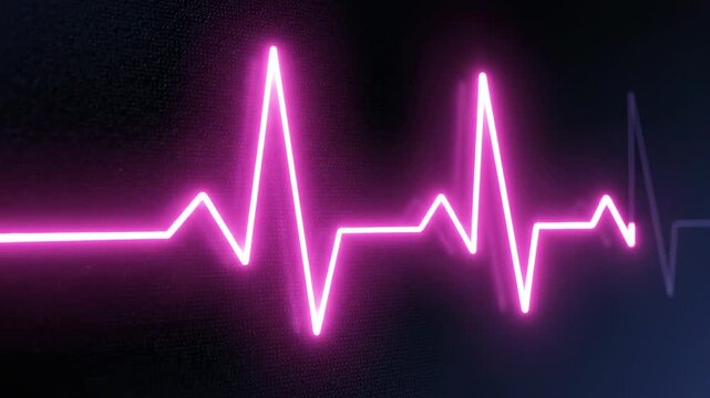Vibrant Neon Pink Electrocardiogram Heartbeat Line Pulsating Against Dark Digital Background with Subtle Particle Effect