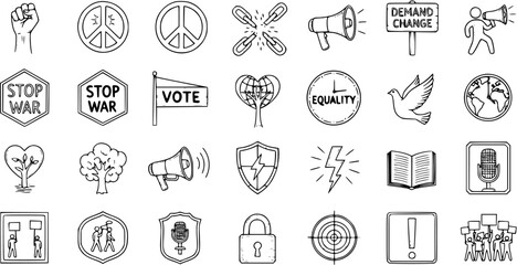 Fototapeta premium Hand-Drawn Doodle Icons Set for Protest, Activism, Social Justice, Peace, and Human Rights. Black and White Outline Symbols of Equality, Change, and Advocacy.