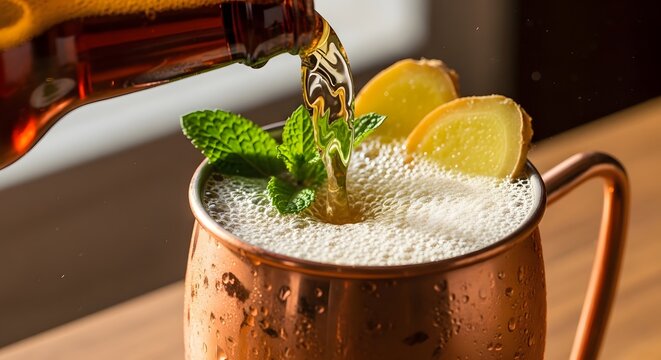 Pouring Ginger Beer into a Copper Mug with Fresh Mint and Ginger Slices for a Moscow Mule Cocktail