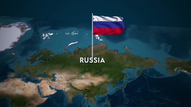 The Flag of Russia on the World Map, the Russia flag waving on the 3d map animation 4K