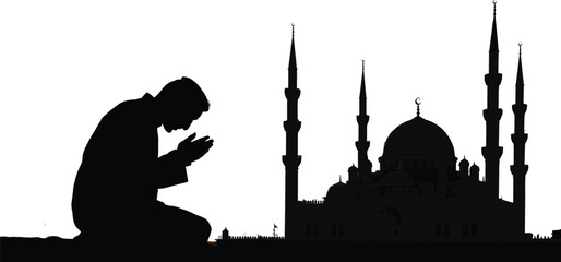 Silhouette of a person praying in front of a mosque with minarets and domes © Frd Art