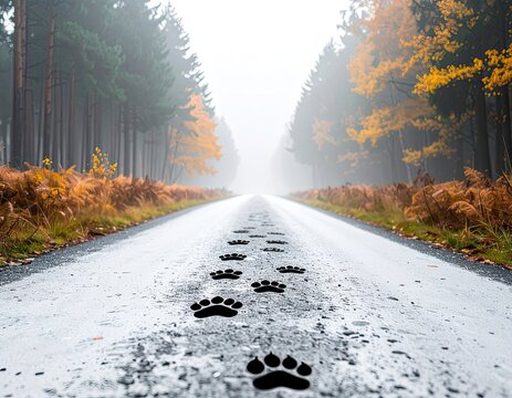 Mysterious paw prints lead down a foggy, autumnal forest road.