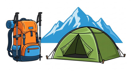 Camping gear with backpack and tent in front of snowy mountain peaks for outdoor adventure travel © Zam zam