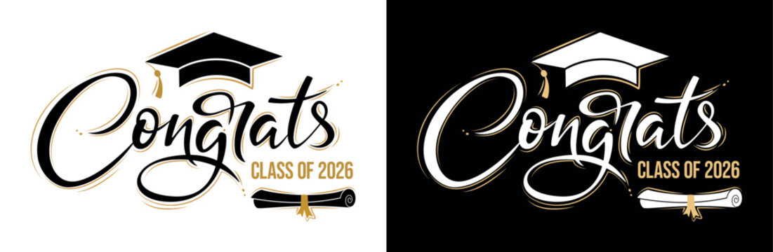 Set of Congratulating banners. Class of 2026 Congrats greeting sign with academic cap and diploma. Congrats Graduated.  Handwritten brush lettering. Сoncept for graduation design, card, poster