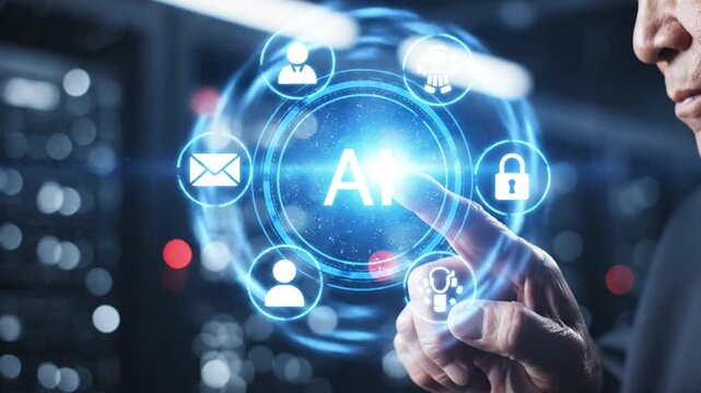 Man's finger touching AI virtual interface with security, user, and communication icons in data center