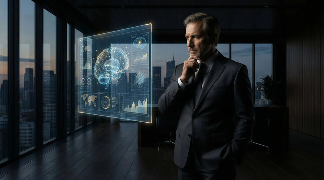 Business professional in a modern office analyzes a futuristic holographic data visualization with brain models and graphs to drive strategic digital transformation and innovation