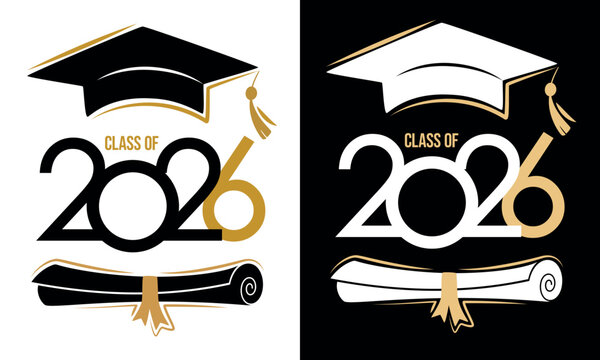 Set of Congratulating banners. Class of 2026 Congrats greeting sign with academic cap and diploma. Congrats Graduated.  Isolated vector text for graduation design, card, poster