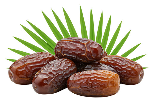 Pile of dates and green palm leaves on white background  healthy snack food transparent background